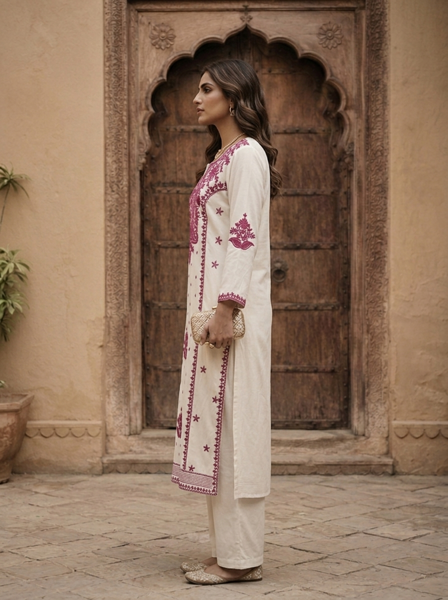 Wine Rayon Floral Embroidery Kurta