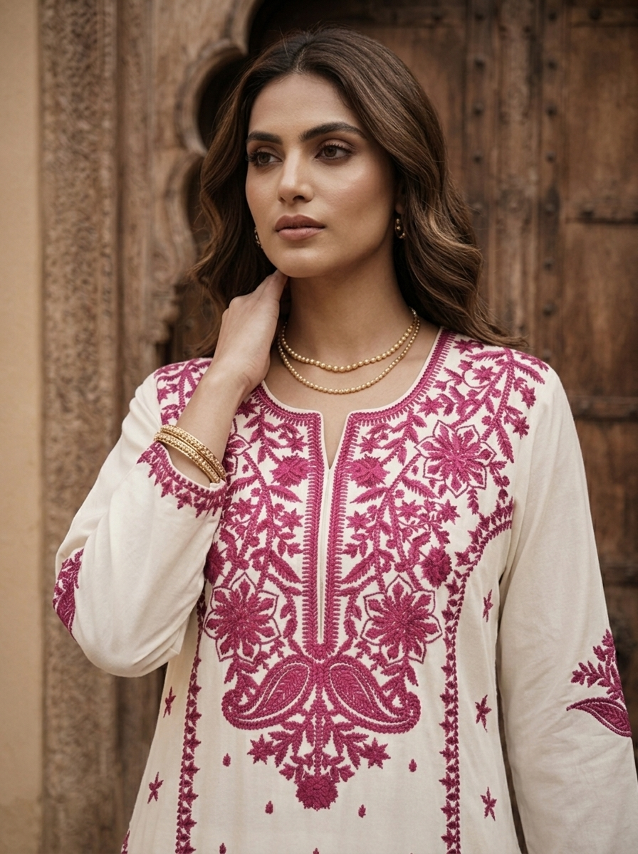 Wine Rayon Floral Embroidery Kurta
