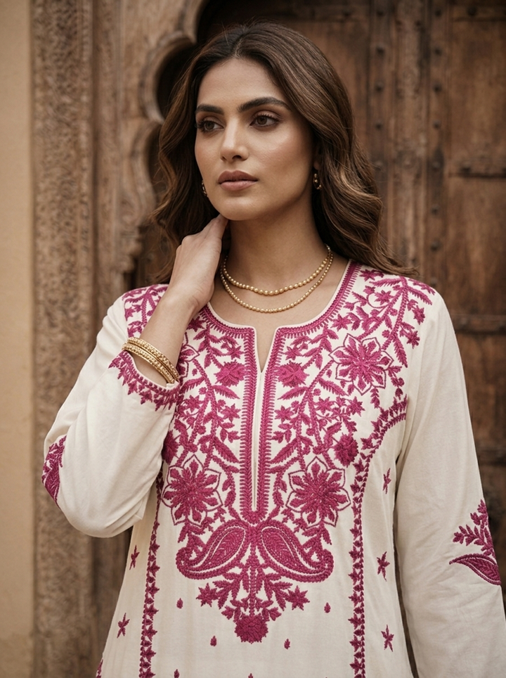 Wine Rayon Floral Embroidery Kurta