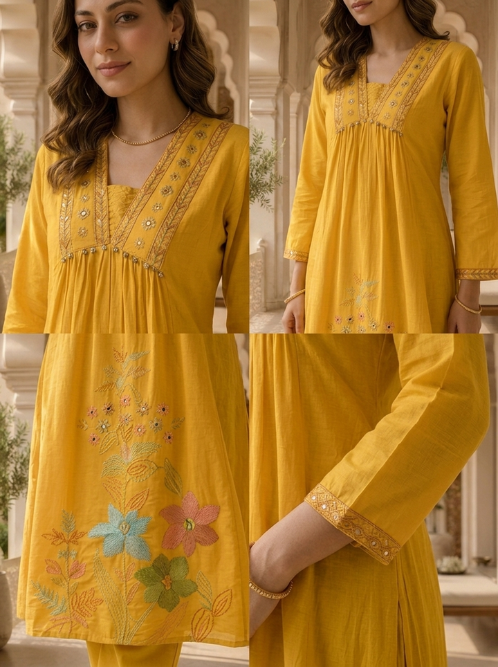 Mustard Mirror Embroidered Cotton Three Piece Set