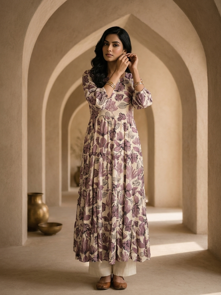 Cream And Wine Printed And Hand Embroidery Long Dress