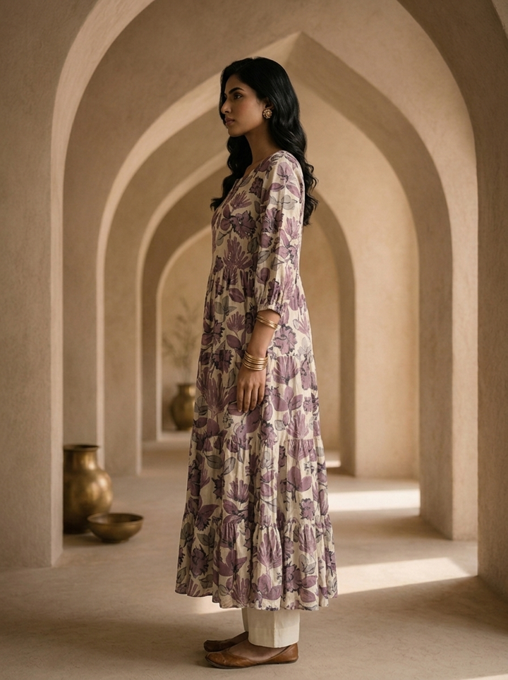 Cream And Wine Printed And Hand Embroidery Long Dress