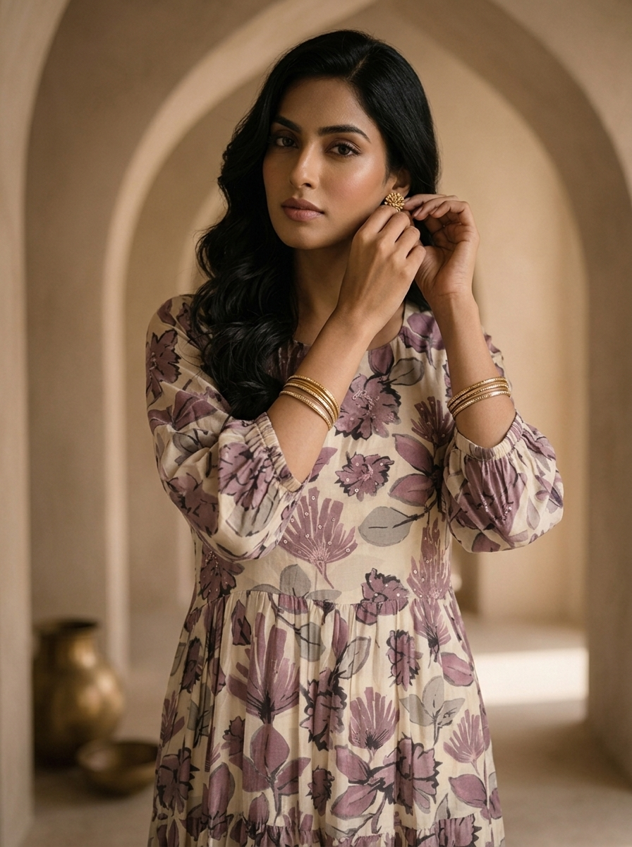 Cream And Wine Printed And Hand Embroidery Long Dress