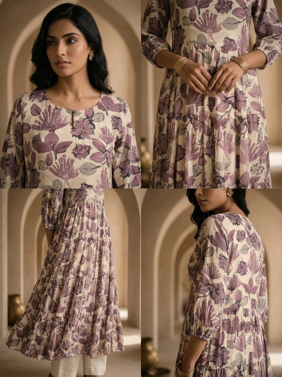 Cream And Wine Printed And Hand Embroidery Long Dress