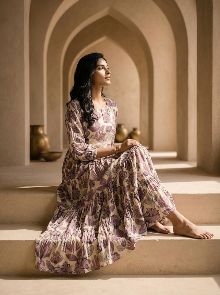 Cream And Wine Printed And Hand Embroidery Long Dress
