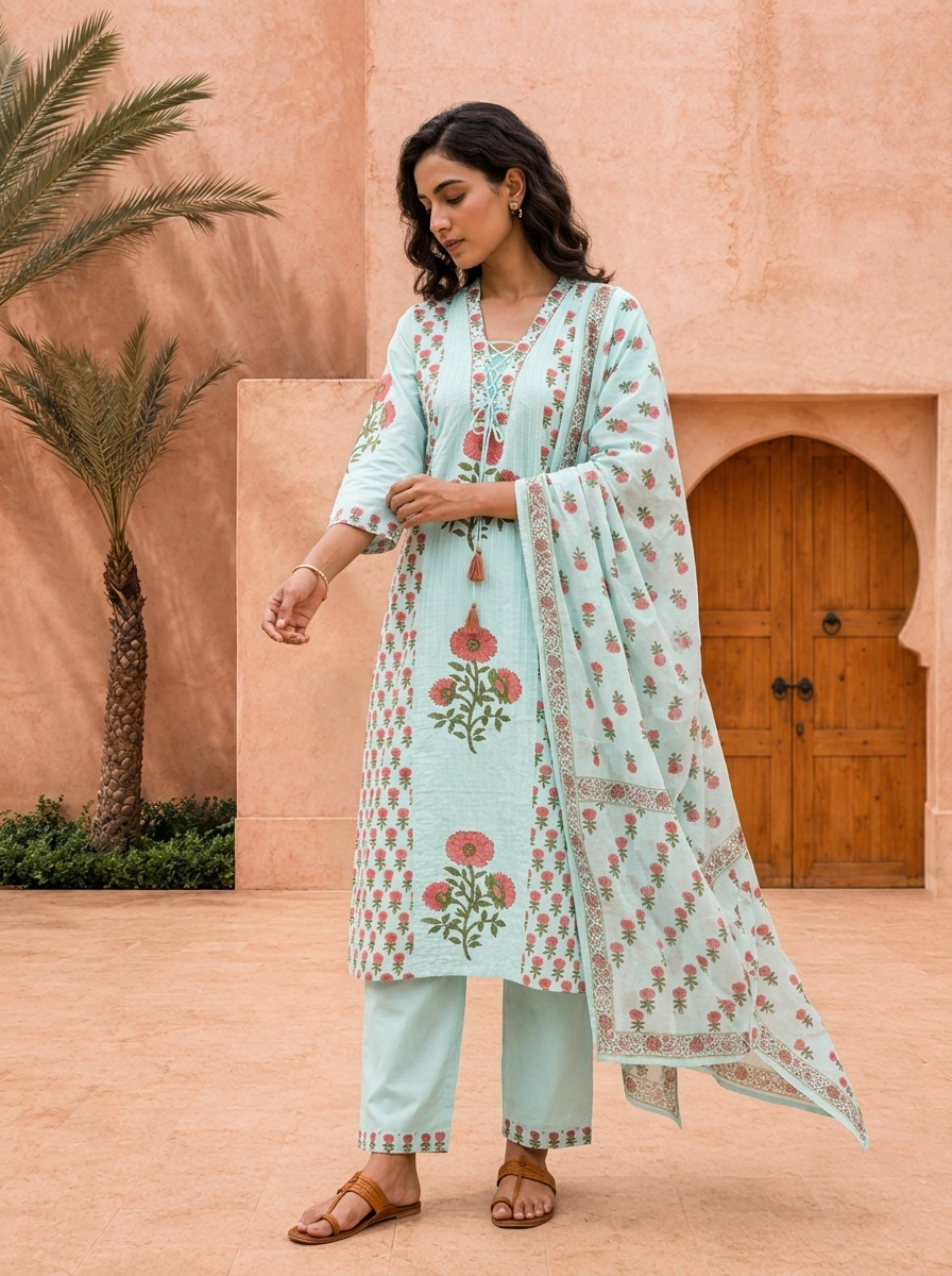 Sky Blue Cotton Floral Printed And Hand Embroidered Three Piece Set