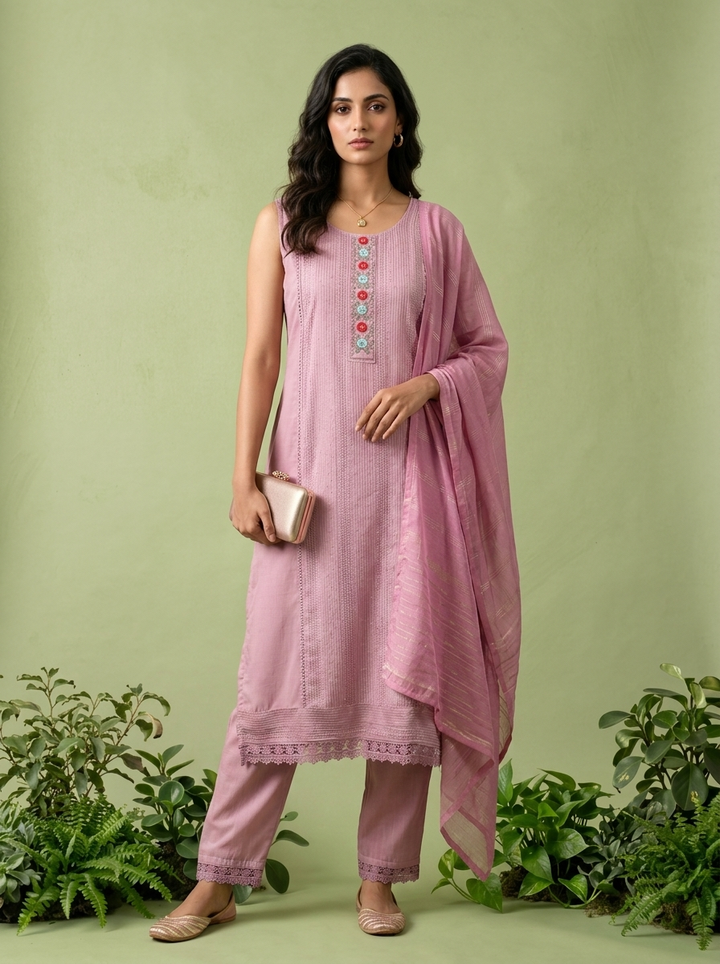 Onion Pink Muslin Embroidery Three Piece Set