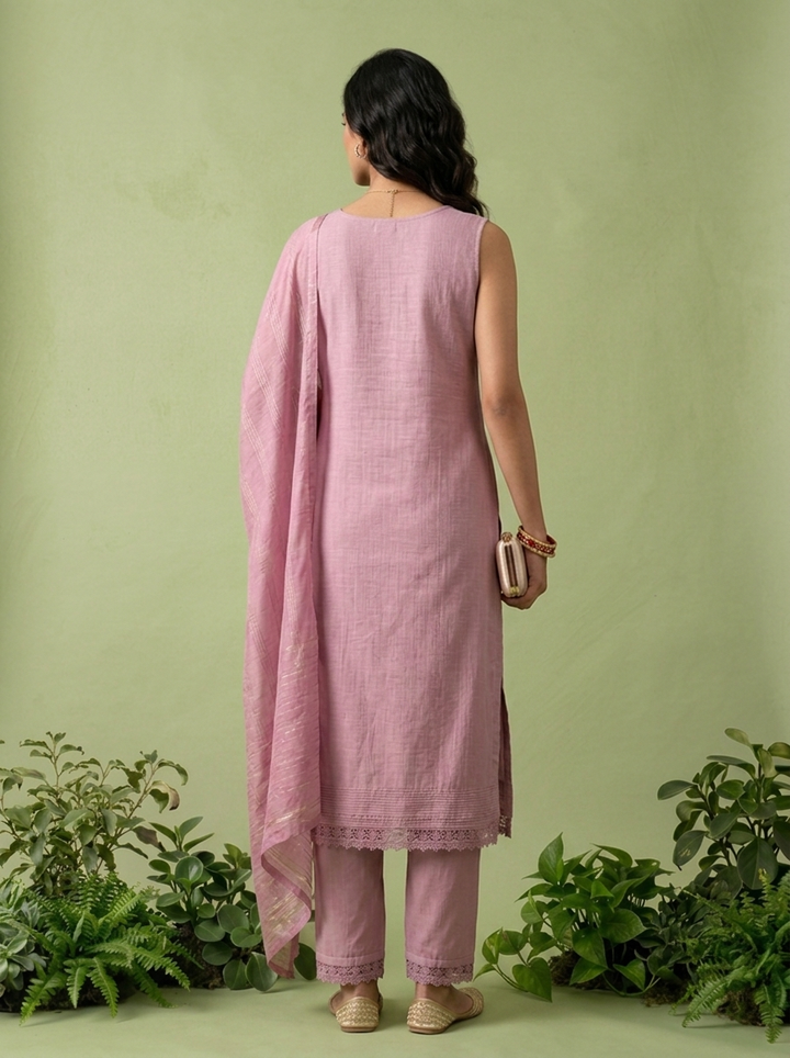Onion Pink Muslin Embroidery Three Piece Set