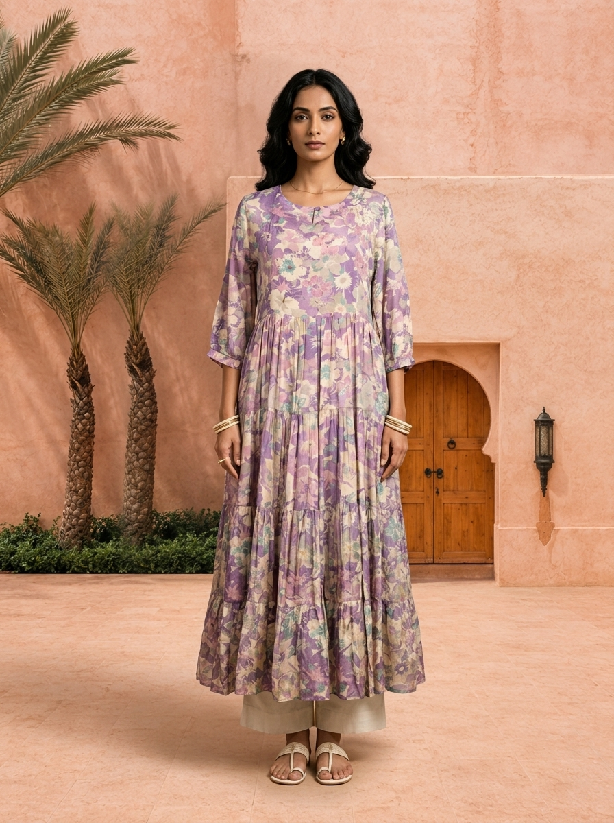 Purple Printed And Hand Embroidery Muslin Long Dress