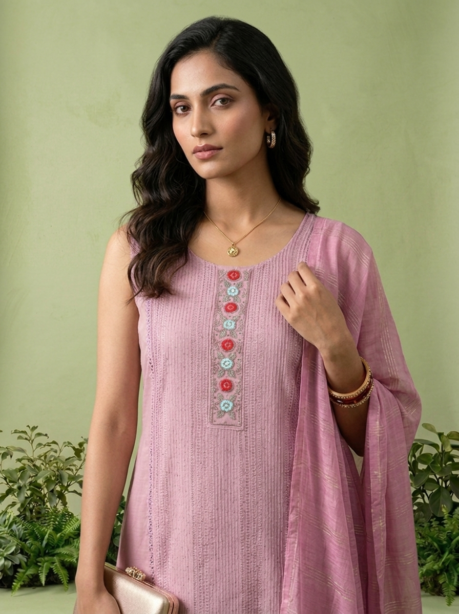 Onion Pink Muslin Embroidery Three Piece Set
