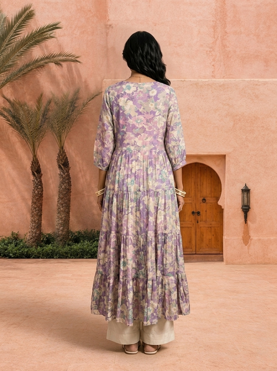Purple Printed And Hand Embroidery Muslin Long Dress
