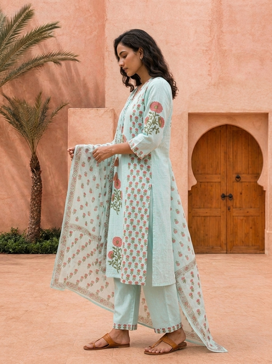 Sky Blue Cotton Floral Printed And Hand Embroidered Three Piece Set