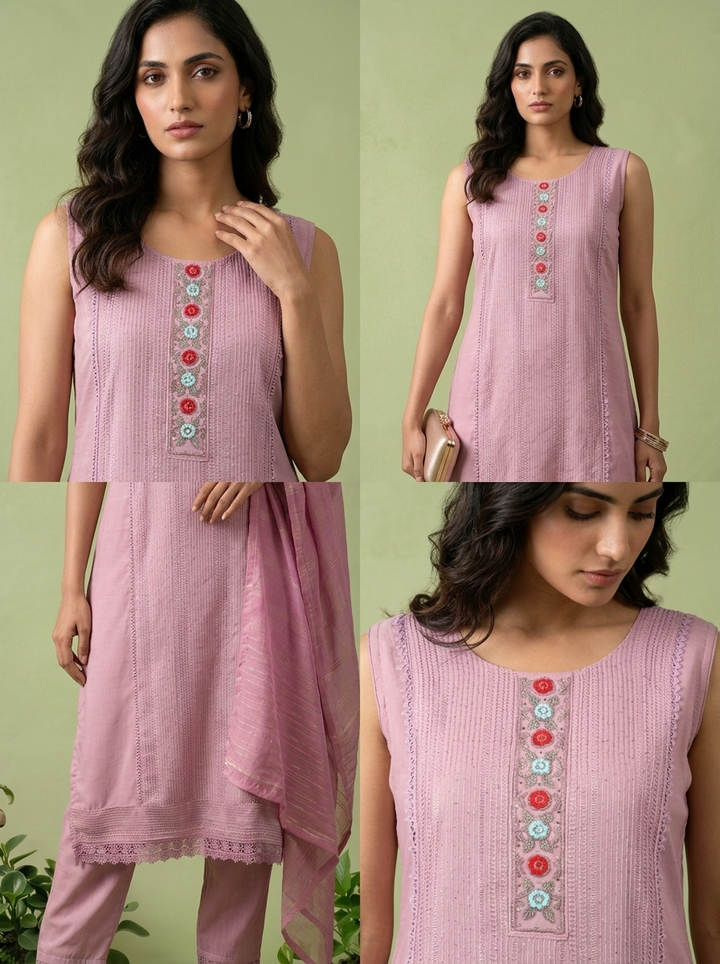 Onion Pink Muslin Embroidery Three Piece Set
