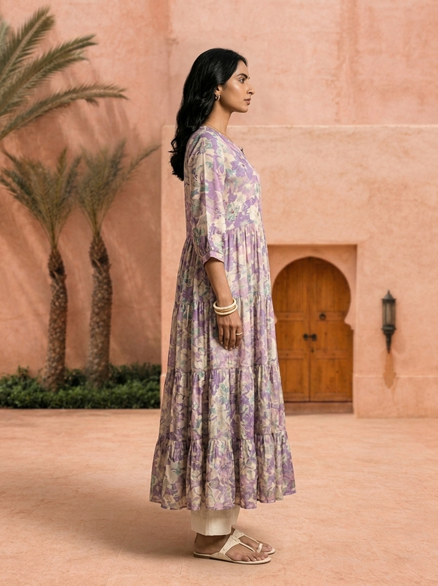Purple Printed And Hand Embroidery Muslin Long Dress