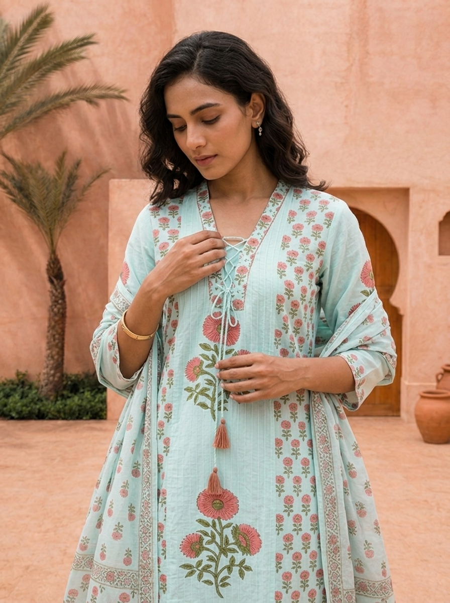 Sky Blue Cotton Floral Printed And Hand Embroidered Three Piece Set