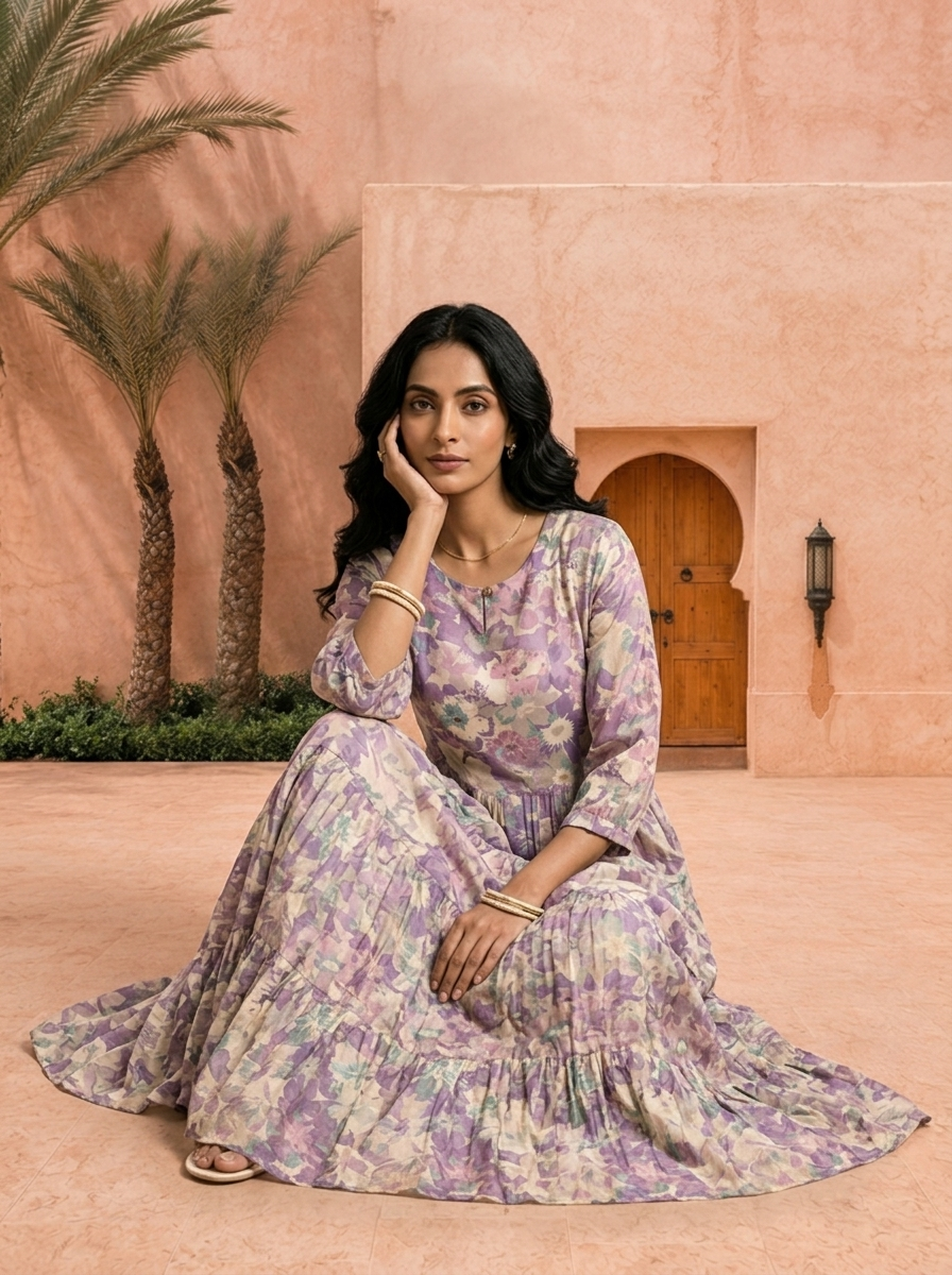 Purple Printed And Hand Embroidery Muslin Long Dress