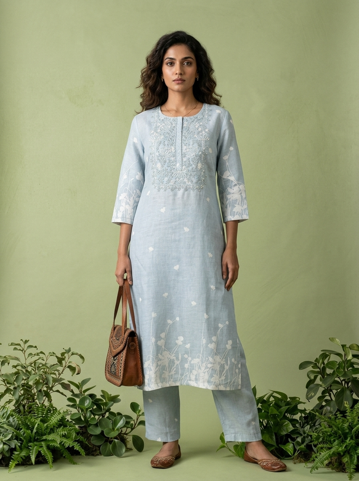 Sky Blue Linen Floral Printed Two Piece Set