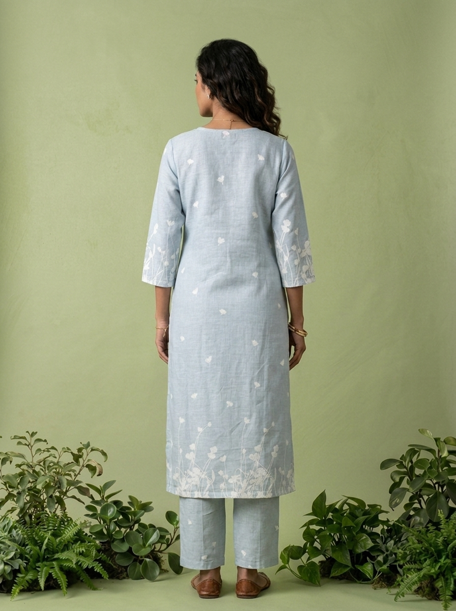 Sky Blue Linen Floral Printed Two Piece Set