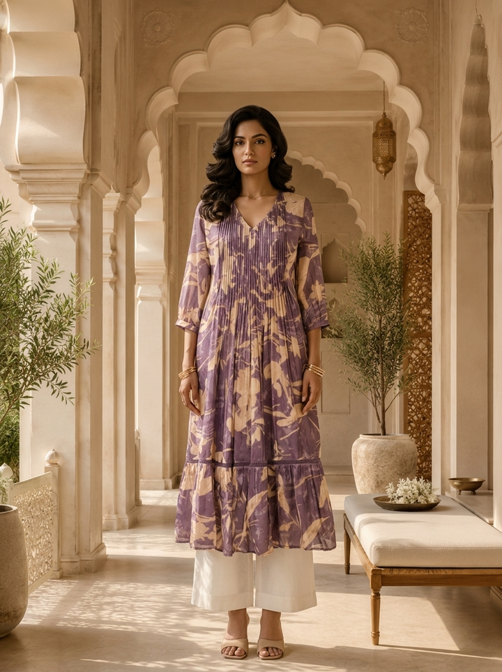Purple Muslin Pleated Design Kurta