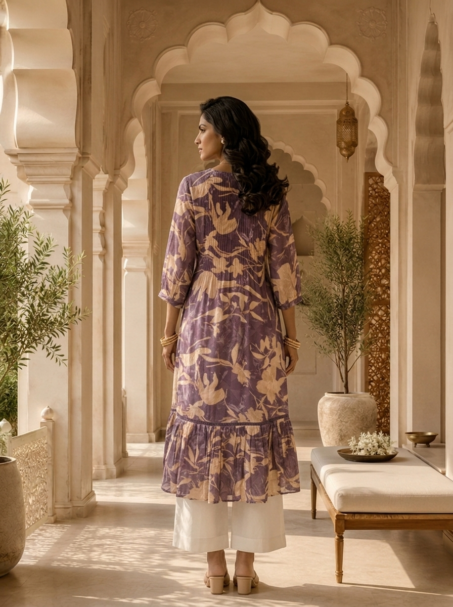 Purple Muslin Pleated Design Kurta