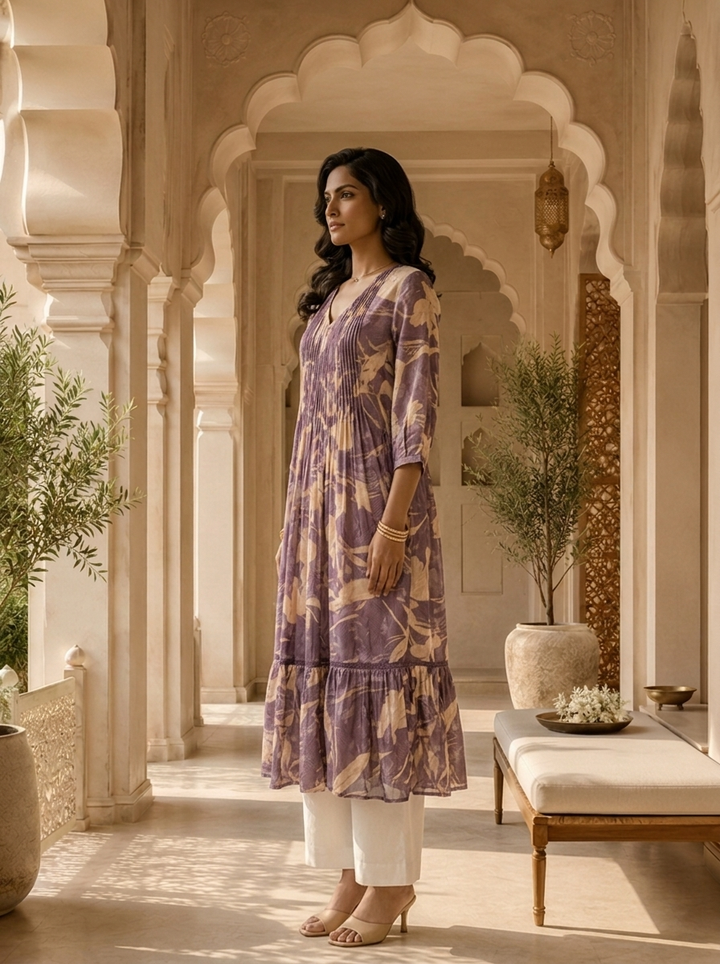 Purple Muslin Pleated Design Kurta