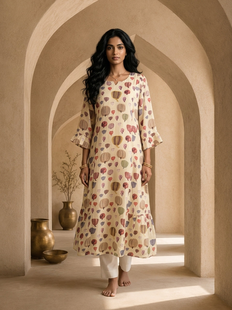 Cream Printed A-Line Crepe Kurta