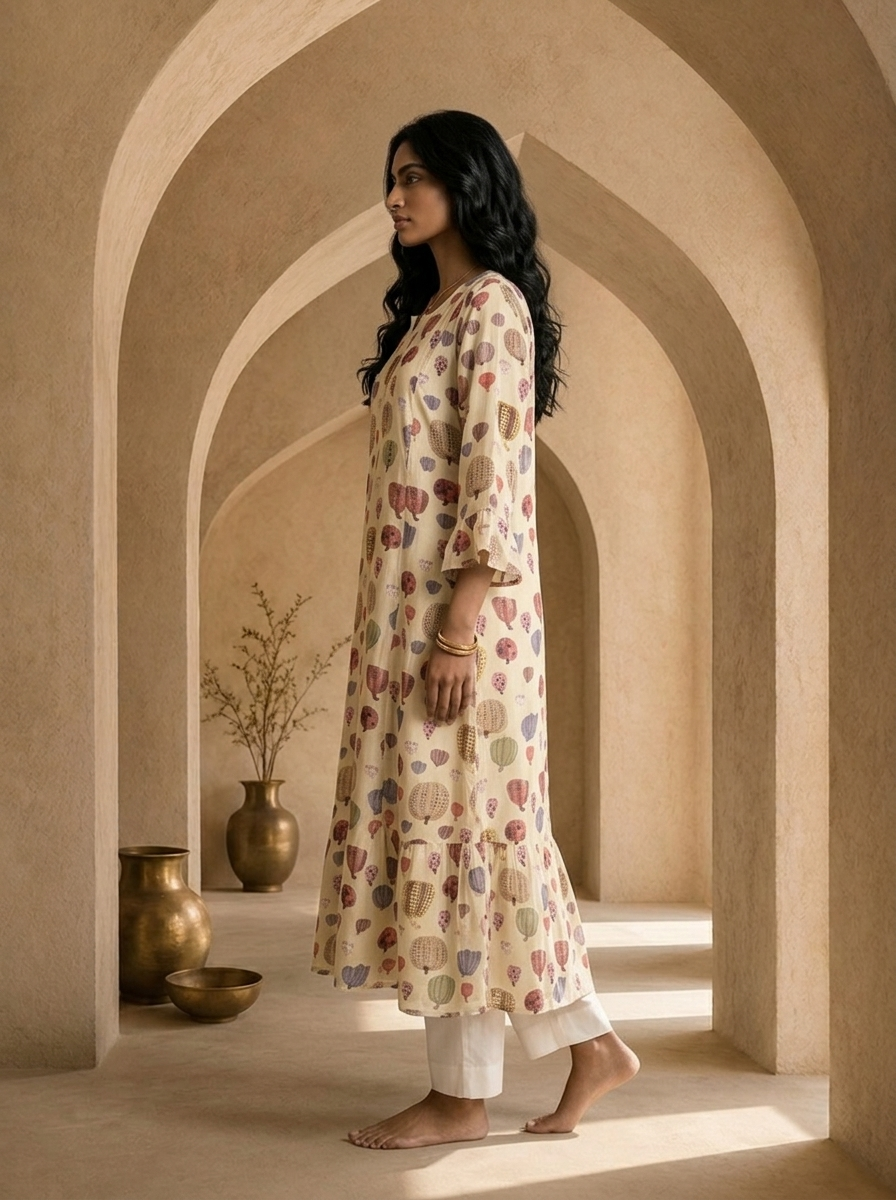 Cream Printed A-Line Crepe Kurta
