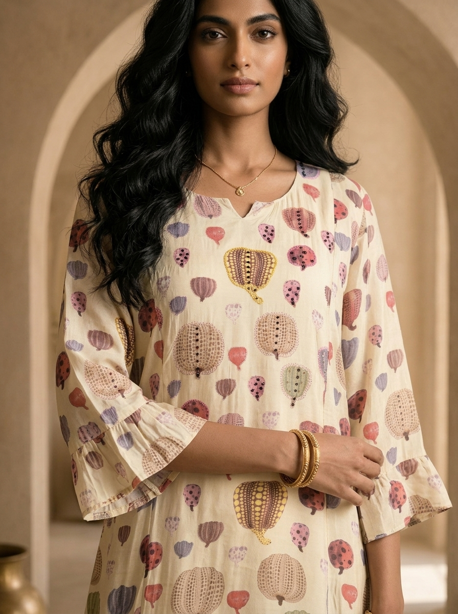 Cream Printed A-Line Crepe Kurta