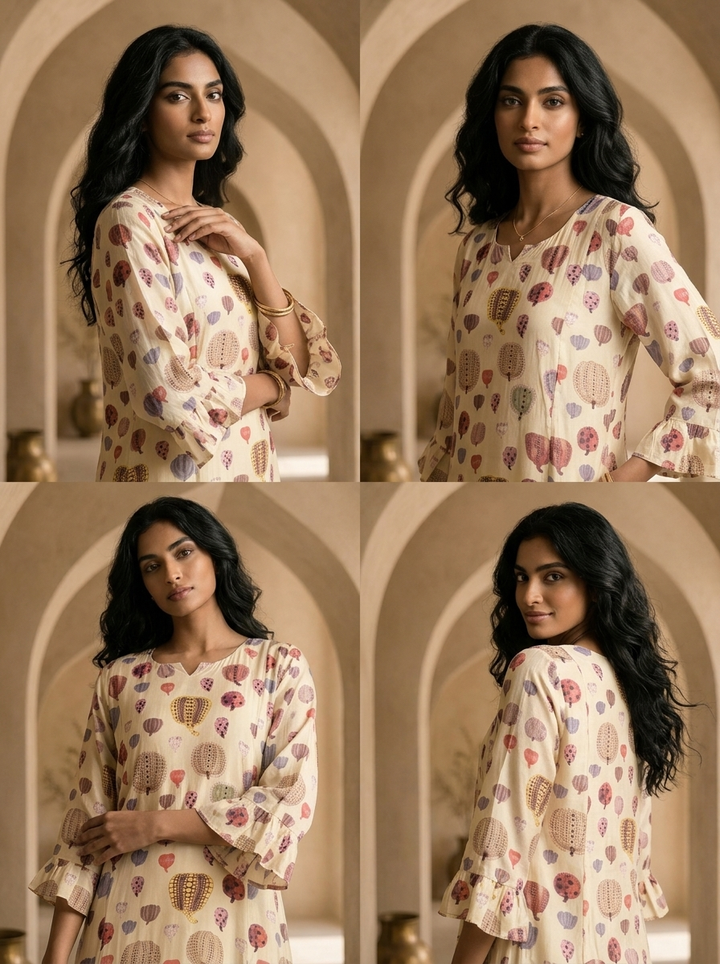 Cream Printed A-Line Crepe Kurta