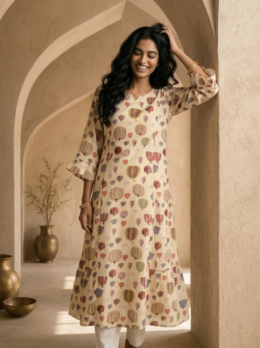 Cream Printed A-Line Crepe Kurta