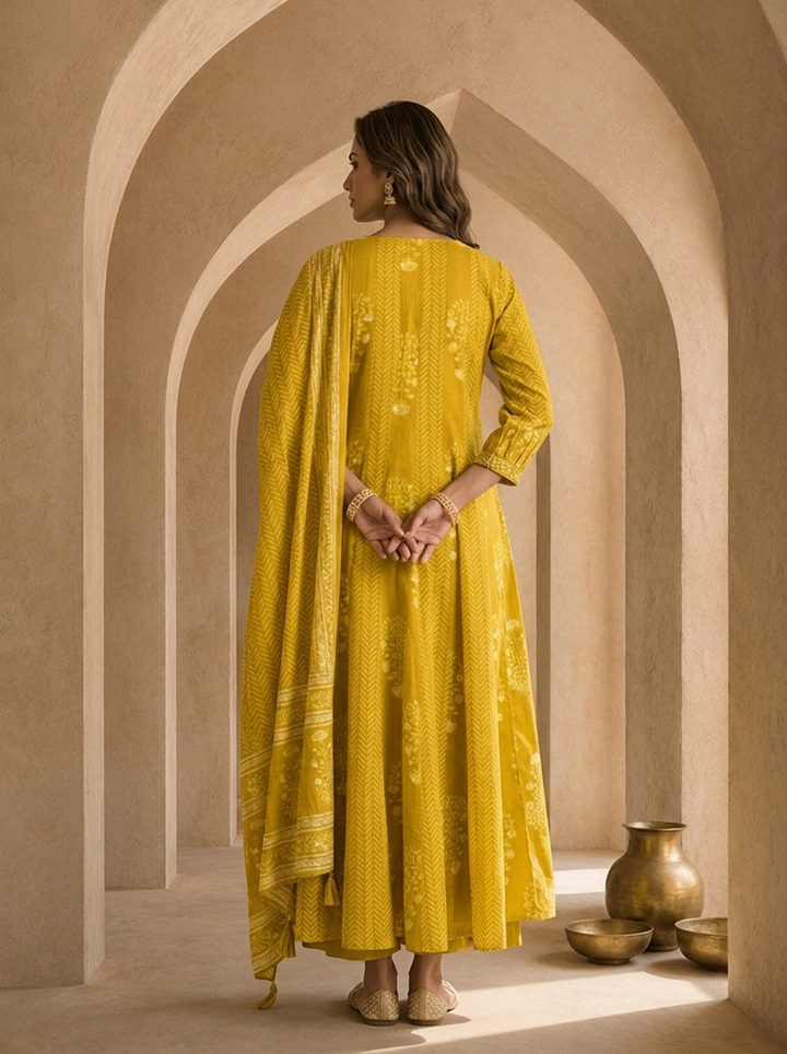 Mustard Cotton Beads Embroidery And Stripe Design Three Piece Set