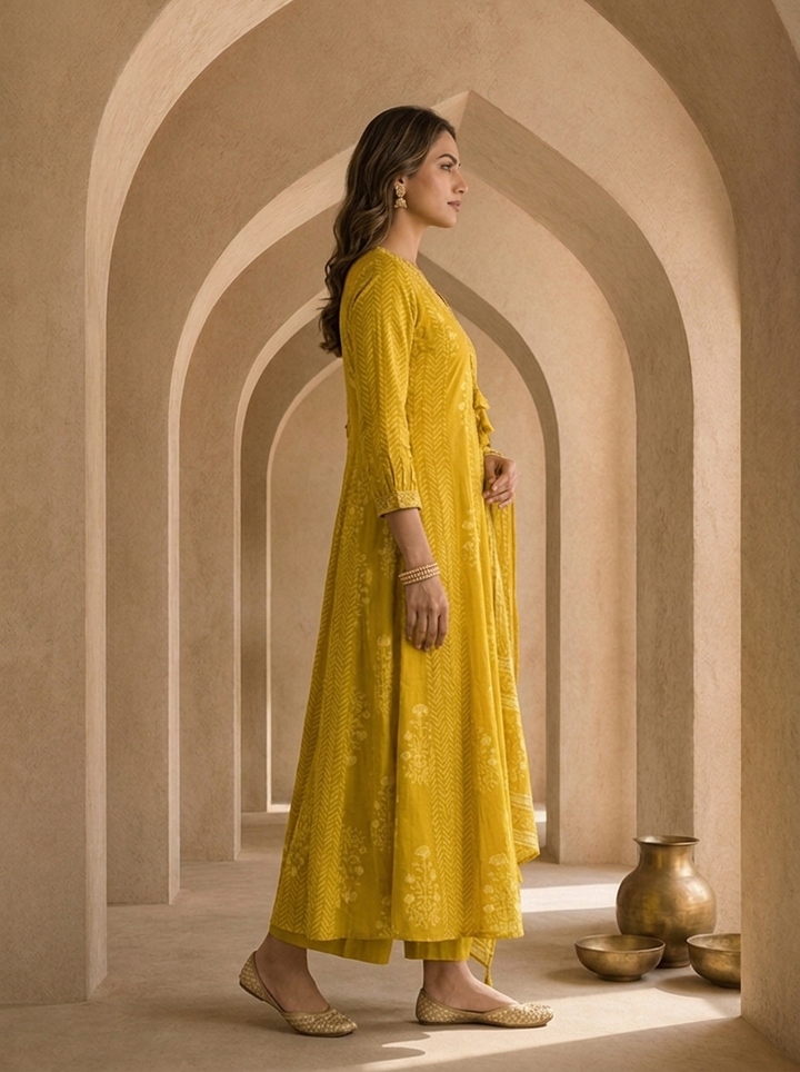 Mustard Cotton Beads Embroidery And Stripe Design Three Piece Set