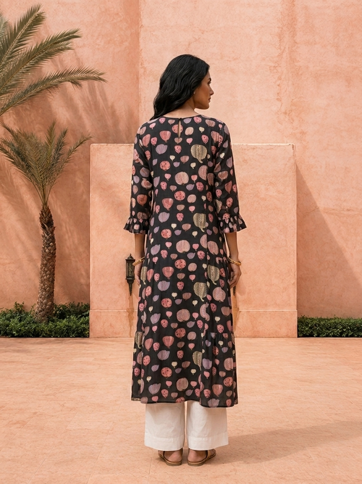 Black Printed A-Line Crepe Kurta