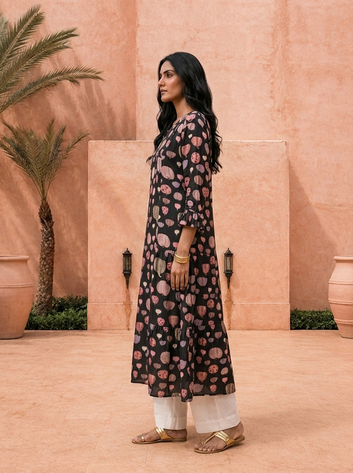Black Printed A-Line Crepe Kurta