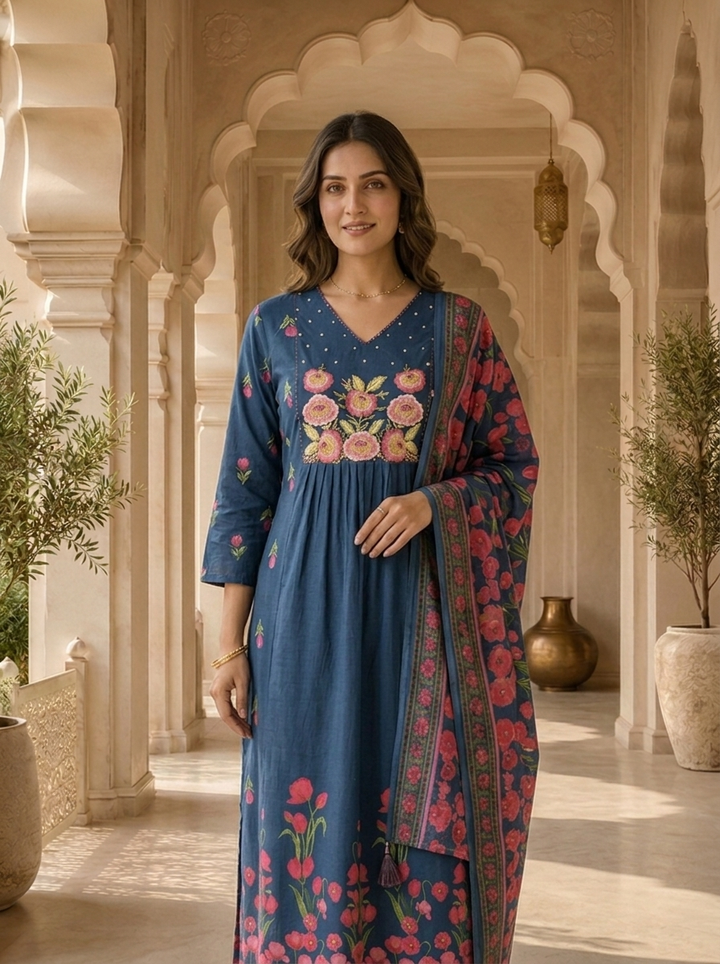 Teal Cotton Floral Embroidered Three Piece Set