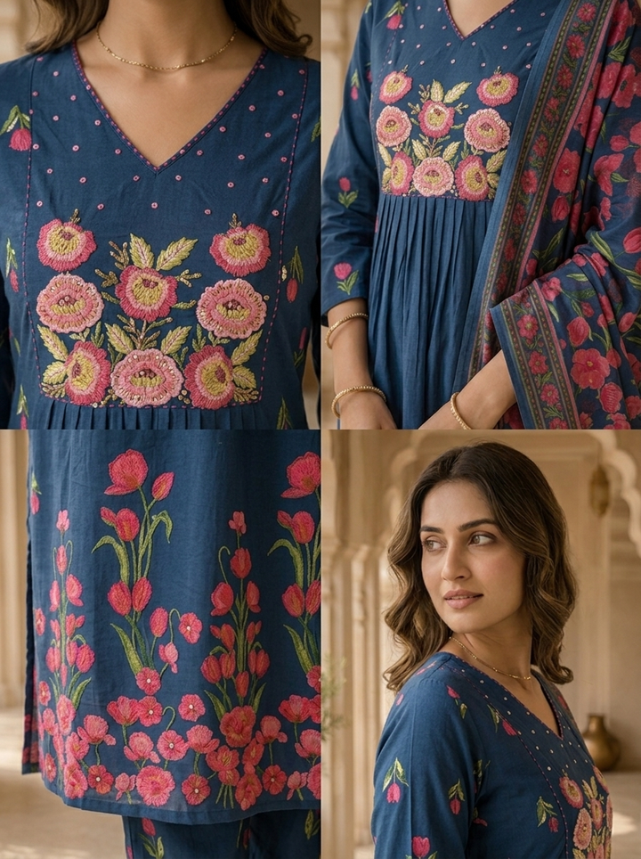 Teal Cotton Floral Embroidered Three Piece Set