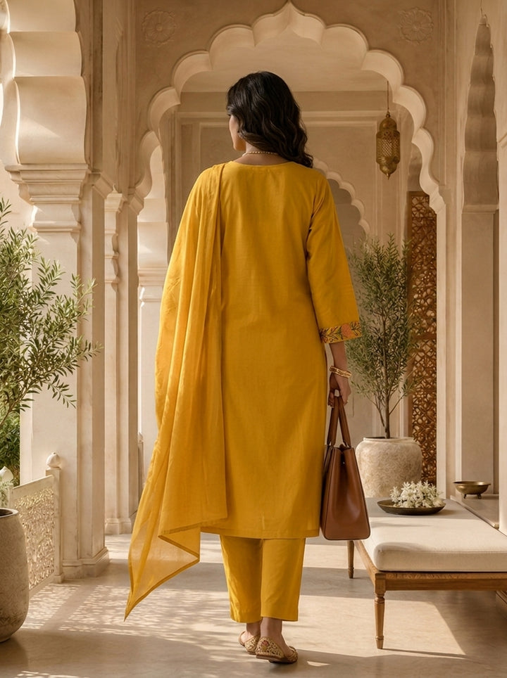Mustard Cotton Floral Thread Embroidery And Pleated Design Three Piece Set
