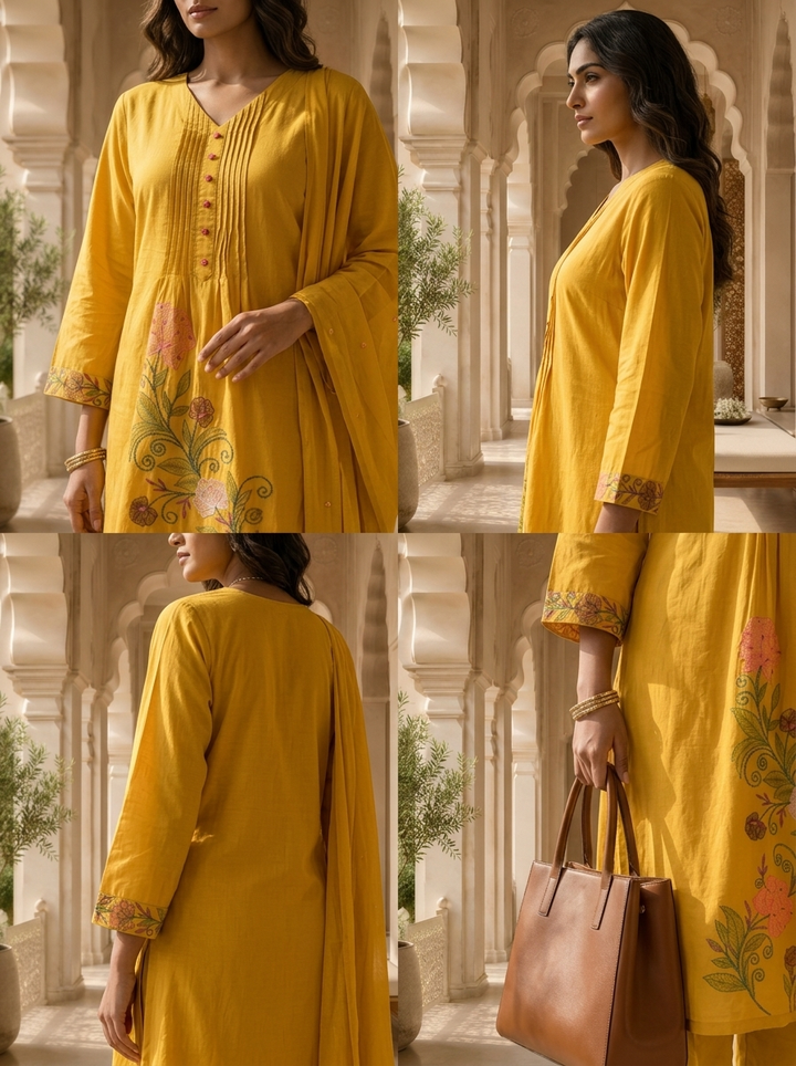 Mustard Cotton Floral Thread Embroidery And Pleated Design Three Piece Set