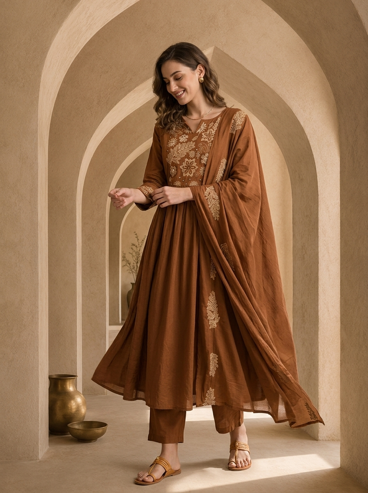 Brown Cotton Floral Embroidery And Solid Design Three Piece Set