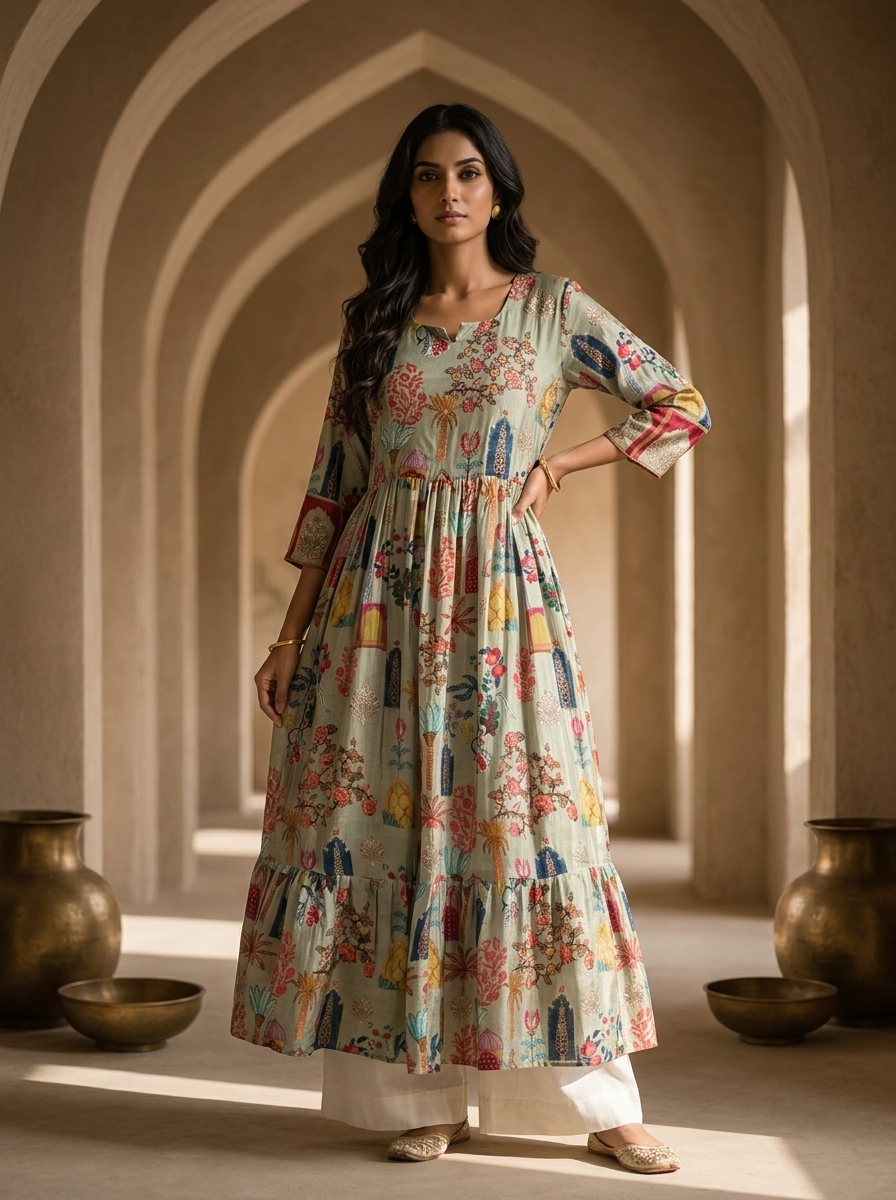 Olive Crepe Printed Long Dress
