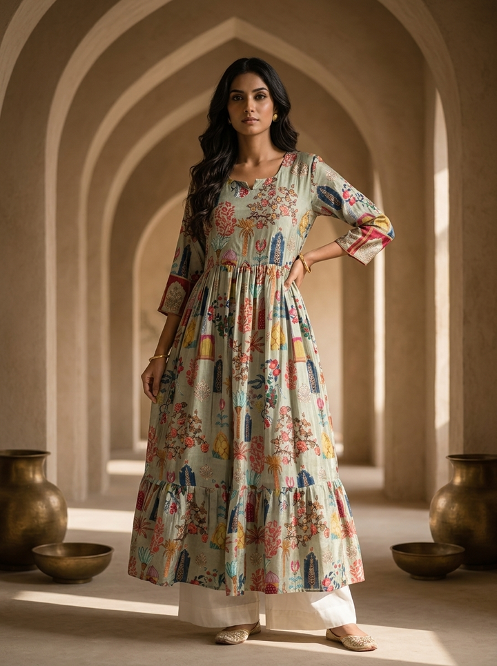 Olive Crepe Printed Long Dress