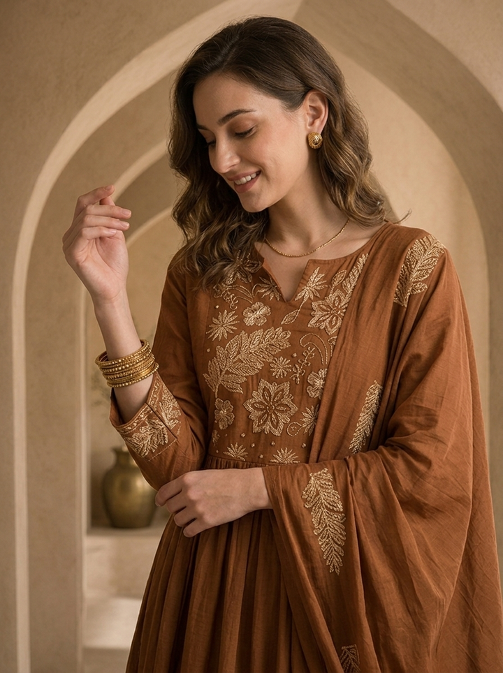 Brown Cotton Floral Embroidery And Solid Design Three Piece Set