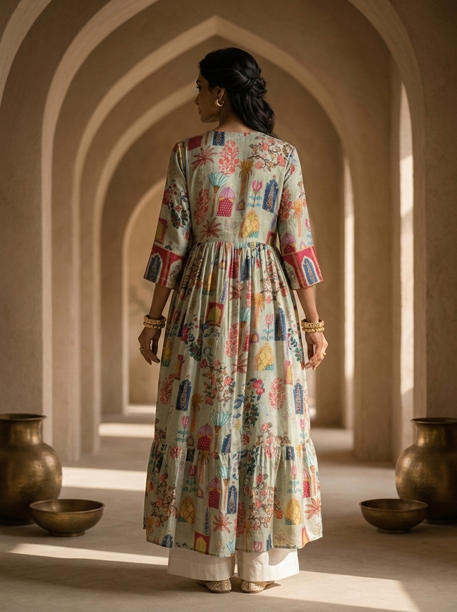 Olive Crepe Printed Long Dress