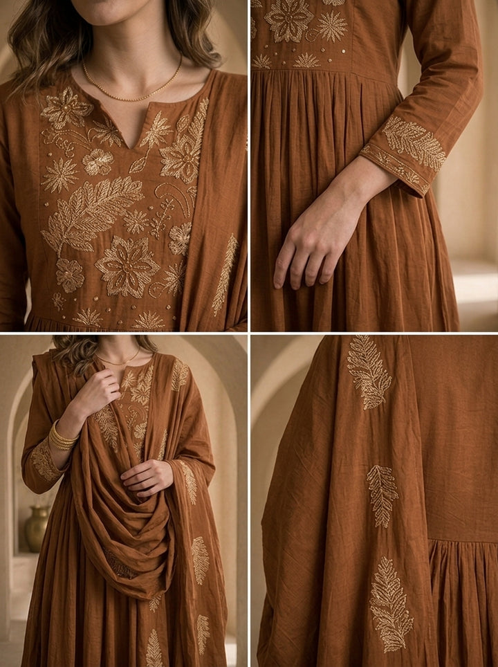 Brown Cotton Floral Embroidery And Solid Design Three Piece Set