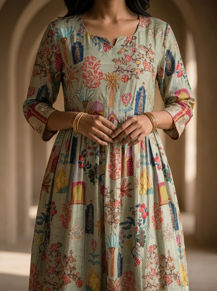 Olive Crepe Printed Long Dress