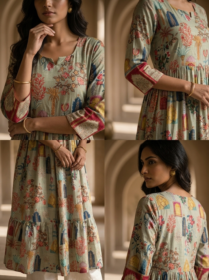 Olive Crepe Printed Long Dress