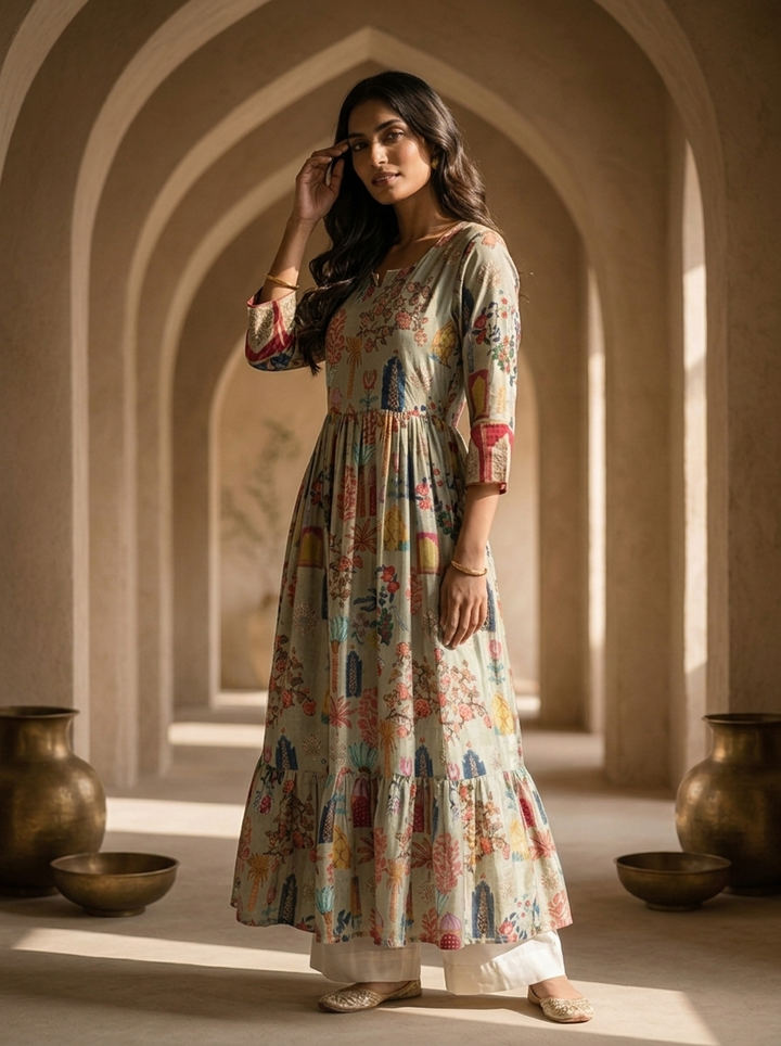 Olive Crepe Printed Long Dress
