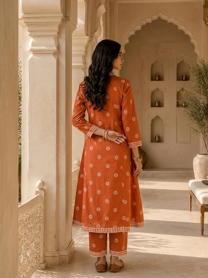 Orange Cotton Printed And Beads Embroidered Three Piece Set
