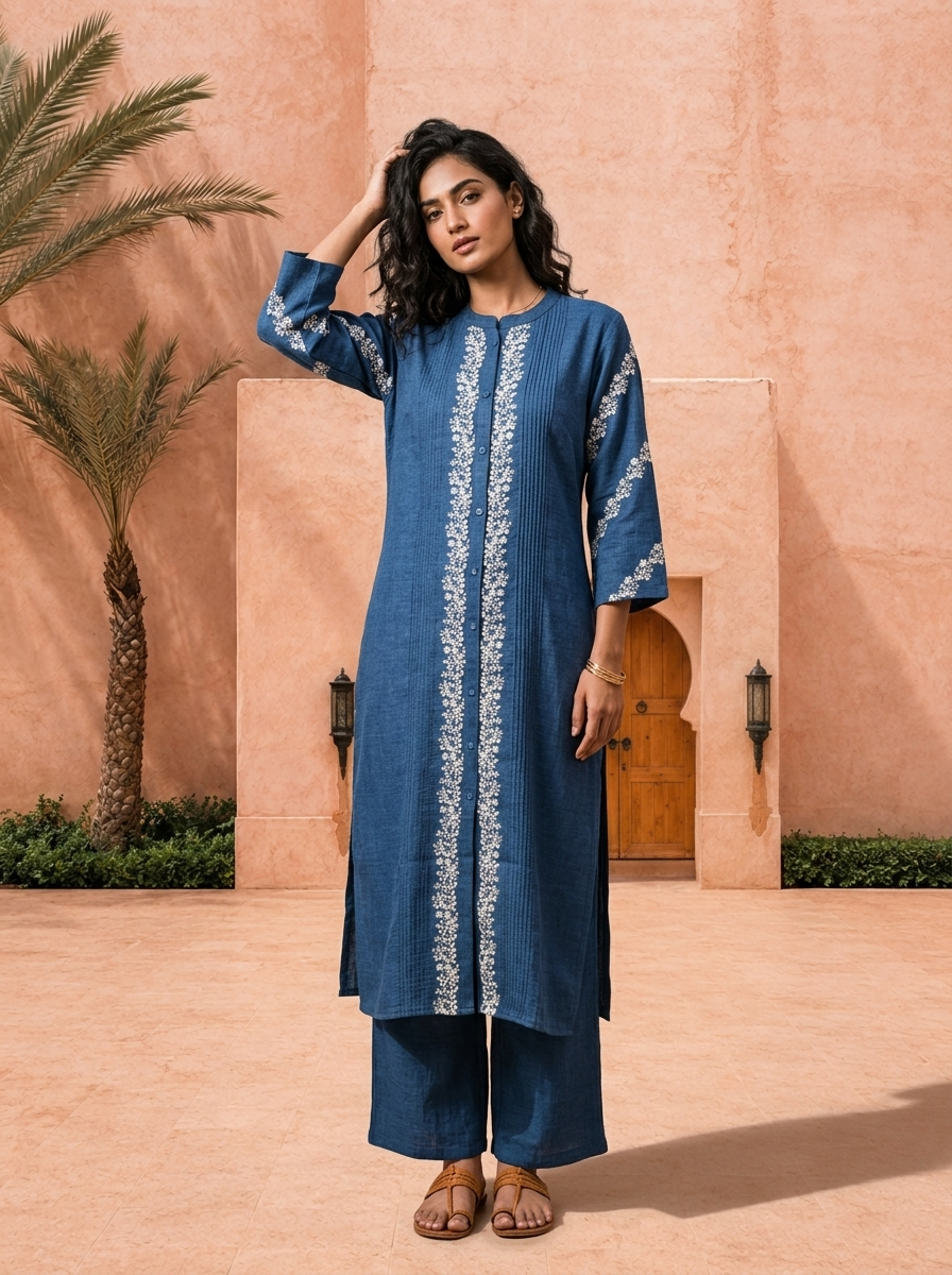 Indigo Blue Thread Embroidered Rayon Two Piece Set