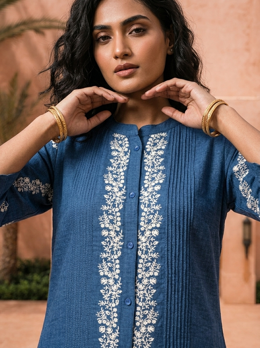 Indigo Blue Thread Embroidered Rayon Two Piece Set